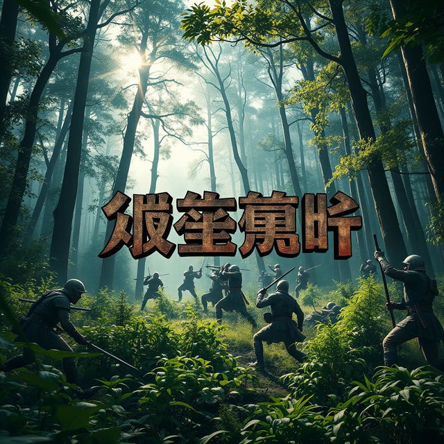 A dramatic scene in a dense forest with an epic battle taking place, showcasing warriors engaged in combat