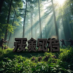 A dramatic scene in a dense forest with an epic battle taking place, showcasing warriors engaged in combat