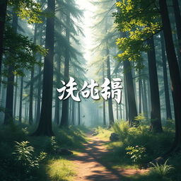 A serene forest scene with tall, lush trees and gentle underbrush, creating a tranquil atmosphere