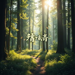 A serene forest scene with tall, lush trees and gentle underbrush, creating a tranquil atmosphere