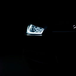 A close-up view of the grille and headlight of a black Jaguar XF with the headlights illuminated, placed prominently in the background as if emerging from the darkness