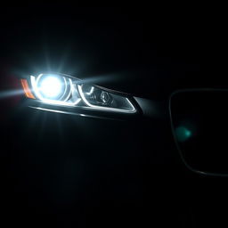 A close-up view of the grille and headlight of a black Jaguar XF with the headlights illuminated, placed prominently in the background as if emerging from the darkness