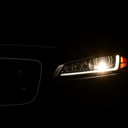 A close-up view of the grille and headlight of a black Jaguar XF with the headlights illuminated, placed prominently in the background as if emerging from the darkness