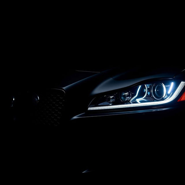 A close-up view of the grille and headlight of a black Jaguar XF with the headlights illuminated, placed prominently in the background as if emerging from the darkness