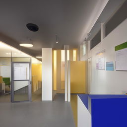 Design a receptionist building for a public service information system, connected to a corridor leading to a classroom area