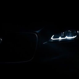 A detailed view of the grille and headlights of a black Jaguar XF with the headlights illuminated, set deep in the background of the image as if emerging from complete darkness
