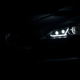 A detailed view of the grille and headlights of a black Jaguar XF with the headlights illuminated, set deep in the background of the image as if emerging from complete darkness