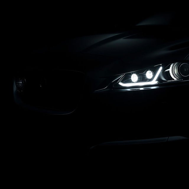 A detailed view of the grille and headlights of a black Jaguar XF with the headlights illuminated, set deep in the background of the image as if emerging from complete darkness