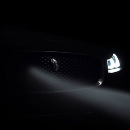 A detailed view of the grille and headlights of a black Jaguar XF with the headlights illuminated, set deep in the background of the image as if emerging from complete darkness