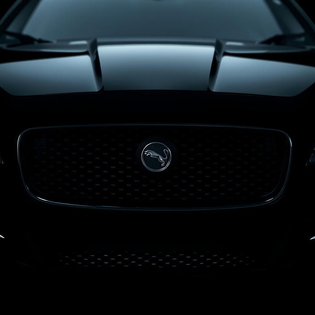 A detailed view of the grille and headlights of a black Jaguar XF with the headlights illuminated, set deep in the background of the image as if emerging from complete darkness