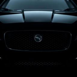 A detailed view of the grille and headlights of a black Jaguar XF with the headlights illuminated, set deep in the background of the image as if emerging from complete darkness