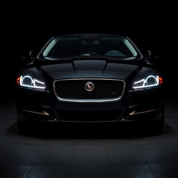 The front view of a black Jaguar XF with its headlights illuminated, set in the background to create a sense of depth