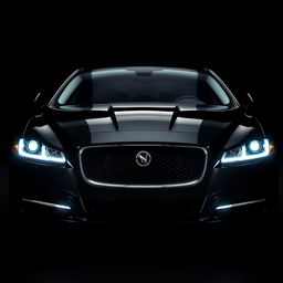 The front view of a black Jaguar XF with its headlights illuminated, set in the background to create a sense of depth