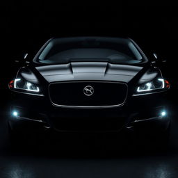The front view of a black Jaguar XF with its headlights illuminated, set in the background to create a sense of depth