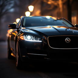 A black Jaguar XF with its headlights illuminated, set in a romantic background that suggests a cozy, intimate atmosphere