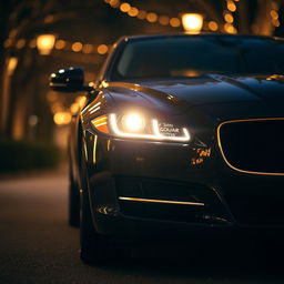 A black Jaguar XF with its headlights illuminated, set in a romantic background that suggests a cozy, intimate atmosphere