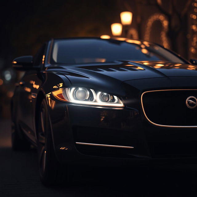 A black Jaguar XF with its headlights illuminated, set in a romantic background that suggests a cozy, intimate atmosphere