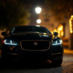A black Jaguar XF with its headlights illuminated, set in a romantic background that suggests a cozy, intimate atmosphere