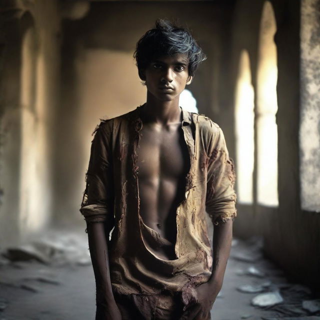 Produce an image of a young Indian man dressed in tattered clothing, situated in a dramatic, dimly lit environment.