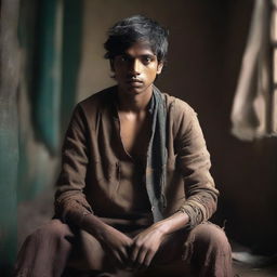 Produce an image of a young Indian man dressed in tattered clothing, situated in a dramatic, dimly lit environment.