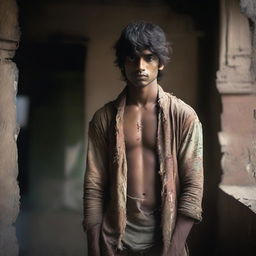 Produce an image of a young Indian man dressed in tattered clothing, situated in a dramatic, dimly lit environment.