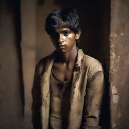 Produce an image of a young Indian man dressed in tattered clothing, situated in a dramatic, dimly lit environment.