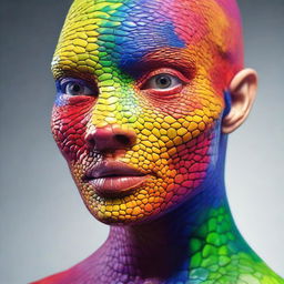 Generate a photorealistic portrait of a woman with vivid, colorful reptilian skin.