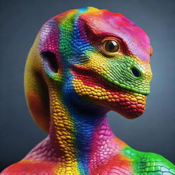 Generate a photorealistic portrait of a woman with vivid, colorful reptilian skin.