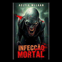 A gripping book cover design featuring a terrifying zombie emerging from the shadows, with decaying skin and a menacing expression