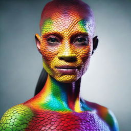 Generate a photorealistic portrait of a woman with vivid, colorful reptilian skin.