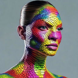 Generate a photorealistic portrait of a woman with vivid, colorful reptilian skin.