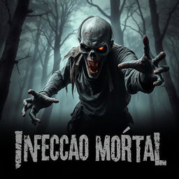 A terrifying zombie emerging from a dark, eerie forest, its decayed features and tattered clothing hinting at a tragic past