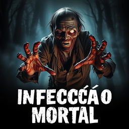 A terrifying zombie emerging from a dark, eerie forest, its decayed features and tattered clothing hinting at a tragic past