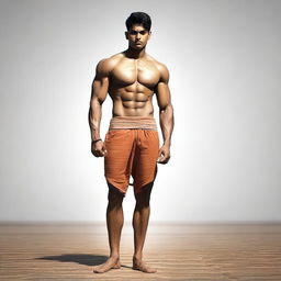 Modify the image to portray the young Indian man as taller and more muscular.