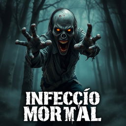 A terrifying zombie emerging from a dark, eerie forest, its decayed features and tattered clothing hinting at a tragic past