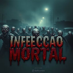 A chilling horror scene featuring a horde of grotesque zombies, each with decaying flesh and glowing eyes, shambling through a dark, foggy landscape