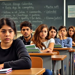 In a classroom setting, seven students are sitting at their desks, looking straight ahead while the teacher gives instructions on the blackboard