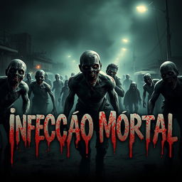 A chilling horror scene featuring a horde of grotesque zombies, each with decaying flesh and glowing eyes, shambling through a dark, foggy landscape