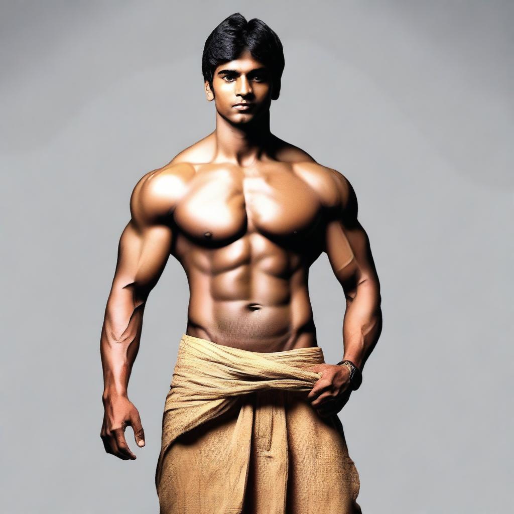 Modify the image to portray the young Indian man as taller and more muscular.