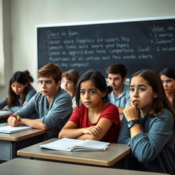 In a classroom setting, seven students are sitting at their desks, looking straight ahead while the teacher gives instructions on the blackboard