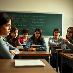 In a classroom setting, seven students are sitting at their desks, looking straight ahead while the teacher gives instructions on the blackboard