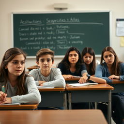 In a classroom setting, seven students are sitting at their desks, looking straight ahead while the teacher gives instructions on the blackboard