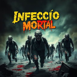 A chilling scene depicting a menacing horde of zombies staggering through a desolate landscape, under a dark, ominous sky