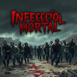 A chilling scene depicting a menacing horde of zombies staggering through a desolate landscape, under a dark, ominous sky