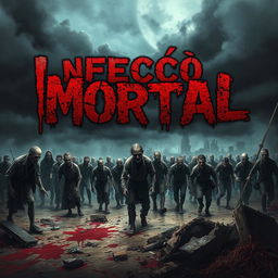 A chilling scene depicting a menacing horde of zombies staggering through a desolate landscape, under a dark, ominous sky