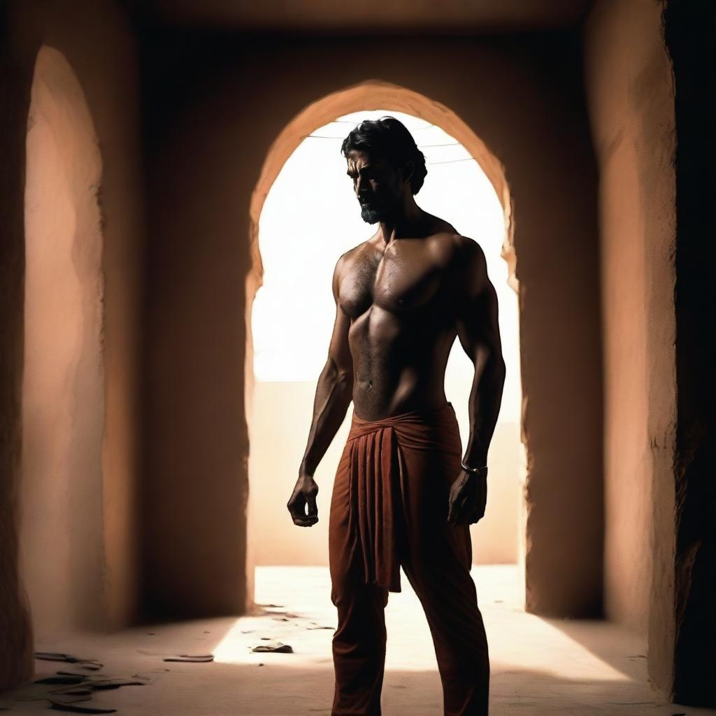 Situate the tall, muscular Indian man in a sparse, dramatically lit, dark environment.