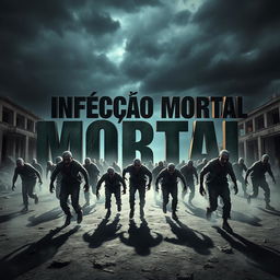 A chilling horror scene featuring a horde of zombies, menacingly roaming through a desolate urban landscape under a dark, stormy sky