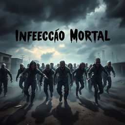 A chilling horror scene featuring a horde of zombies, menacingly roaming through a desolate urban landscape under a dark, stormy sky