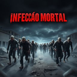 A chilling horror scene featuring a horde of zombies, menacingly roaming through a desolate urban landscape under a dark, stormy sky
