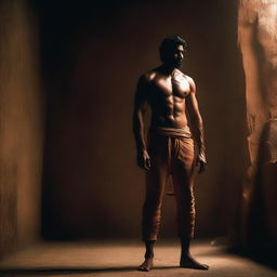 Situate the tall, muscular Indian man in a sparse, dramatically lit, dark environment.